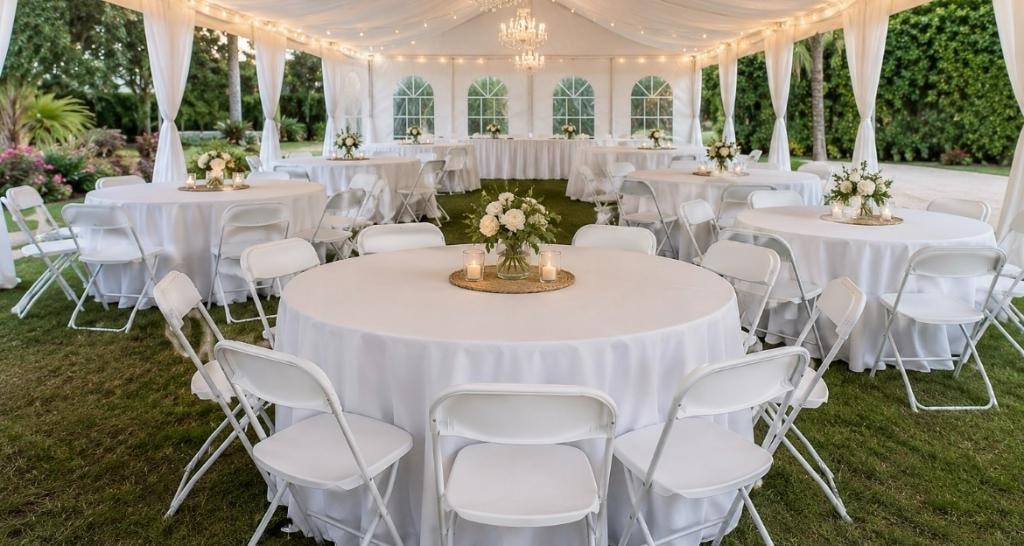 Outdoor banquet tent with string lights and tables