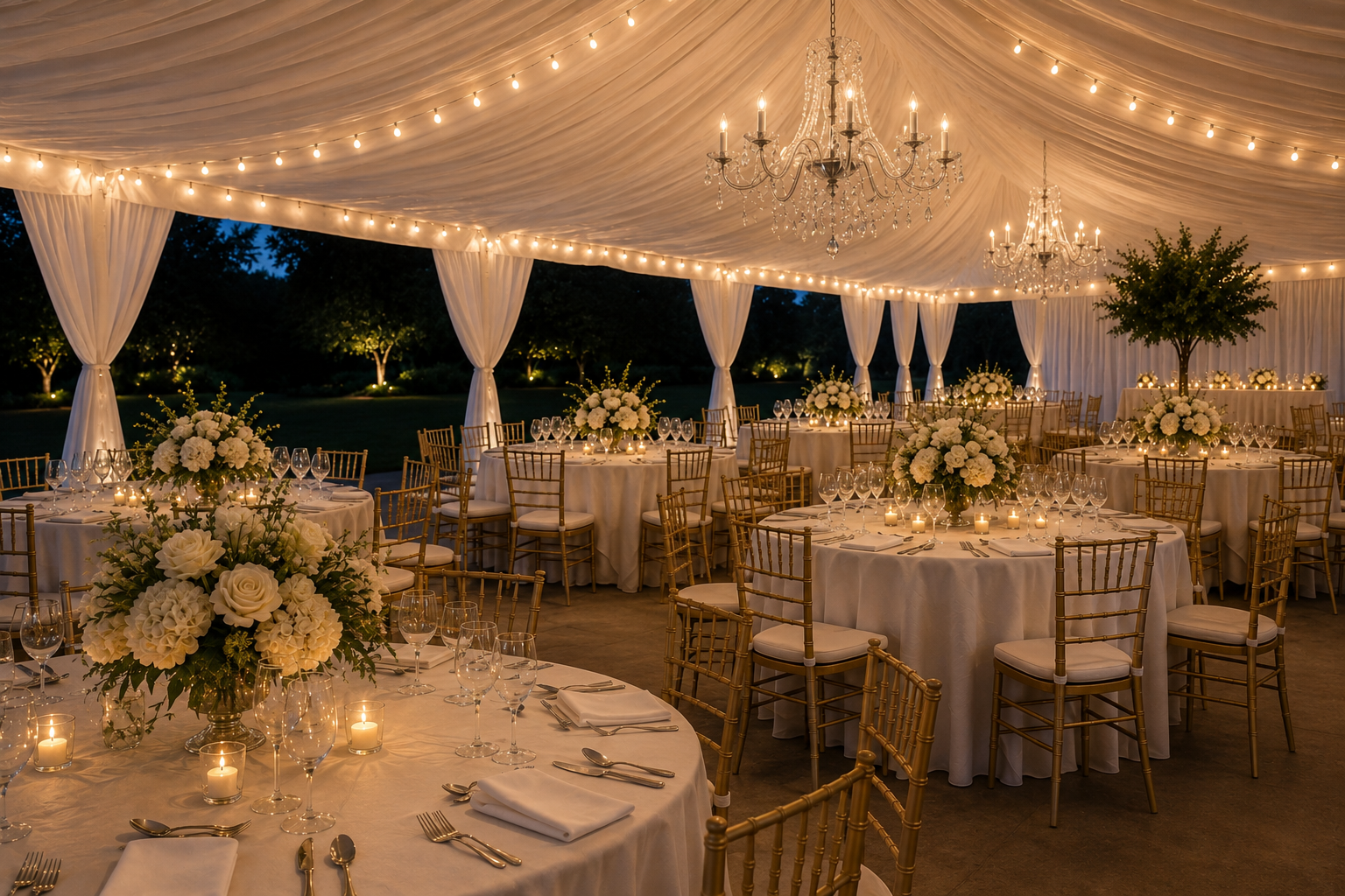 Elegant tables with purple linens and gold chiavari chairs